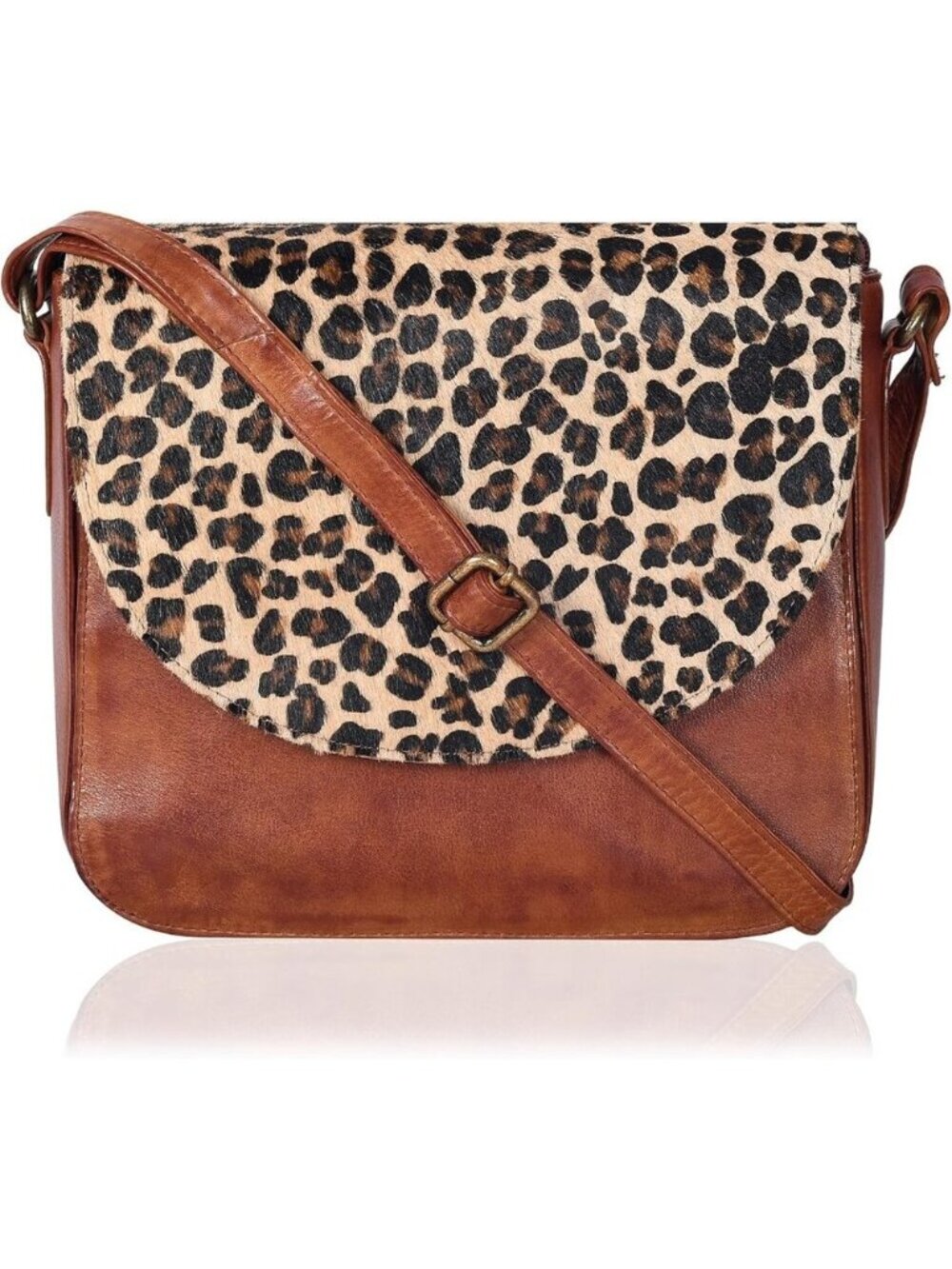 Genuine Leather Cheetah Tan Crossbody Purse Women Adjustable Strap Zipper Pocket